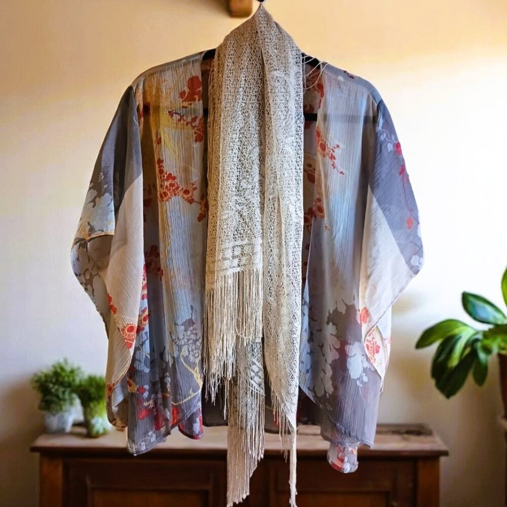 BOHEMIAN Sleeved wrap 3/4 sleeve top w/gold fringe scarf earthy ONE SIZE FITS